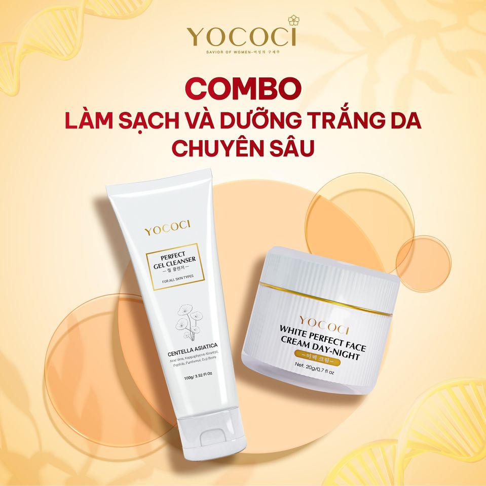 Bộ 2 Sản Phẩm Chăm Sóc Da Mặt Yococi - Kem Dưỡng Trắng 20g và Sữa Rửa Mặt 100g Giảm Mụn, Mờ Thâm, Dưỡng Sáng Da tự nhiên
