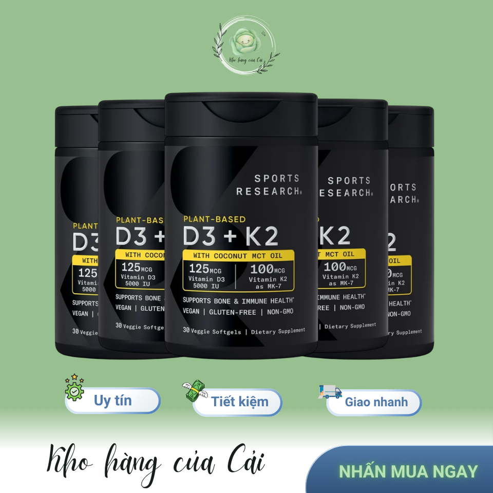 Vitamin D3 + K2 Sports Research 5000IU - Viên Uống Chiết Xuất Thực Vật Tốt Cho Xương Khớp và Tim Mạch - Mỹ 