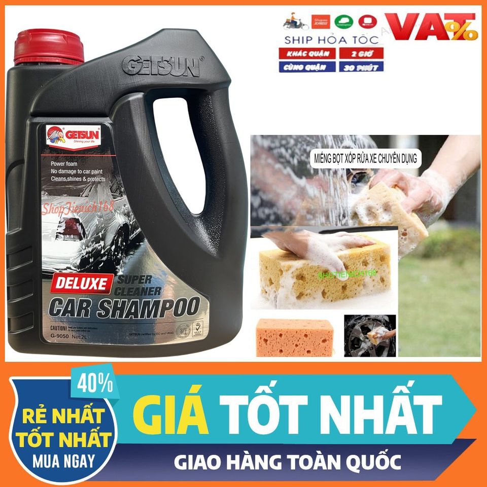 Nước Rửa Xe GETSUN 2.0L - Shampoo Ô Tô Chuyên Dụng Kèm Mút Lau, Bảo Dưỡng Sơn Bóng, An Toàn Với Da Tay