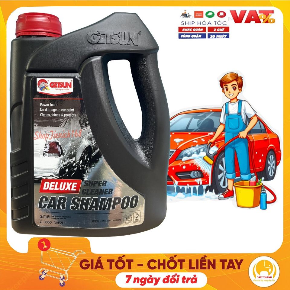 Nước Rửa Xe GETSUN 2.0L - Shampoo Ô Tô Chuyên Dụng Kèm Mút Lau, Bảo Dưỡng Sơn Bóng, An Toàn Với Da Tay