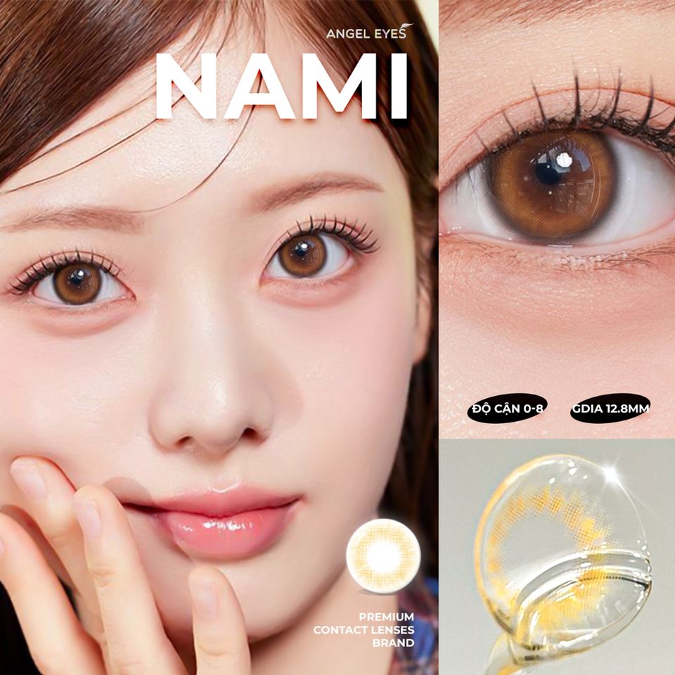 Kính áp tròng nâu mật ong Angel Eyes Nami 0-8 độ - Màu nâu tây tự nhiên đường kính 12.8mm, lý tưởng cho mắt nhỏ