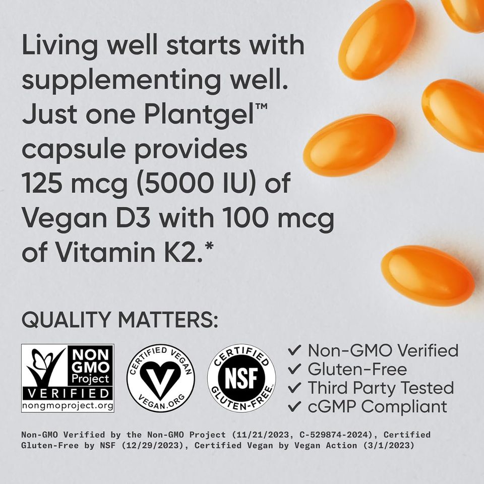 Viên Hỗ Trợ Xương Khớp Vitamin D3 + K2 Sports Research – 160 Viên Veggie Softgels, Hỗ Trợ Sức Khỏe Xương Khớp và Miễn Dịch