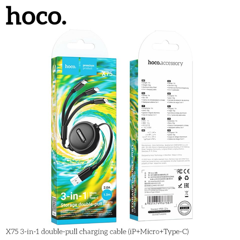 Cáp Sạc Siêu Tốc 3 Trong 1 HOCO X76/X75 - Lightning, Type-C, Micro 1M, 2A - Phụ Kiện Điện Thoại Tiện Dụng, Bền Bỉ