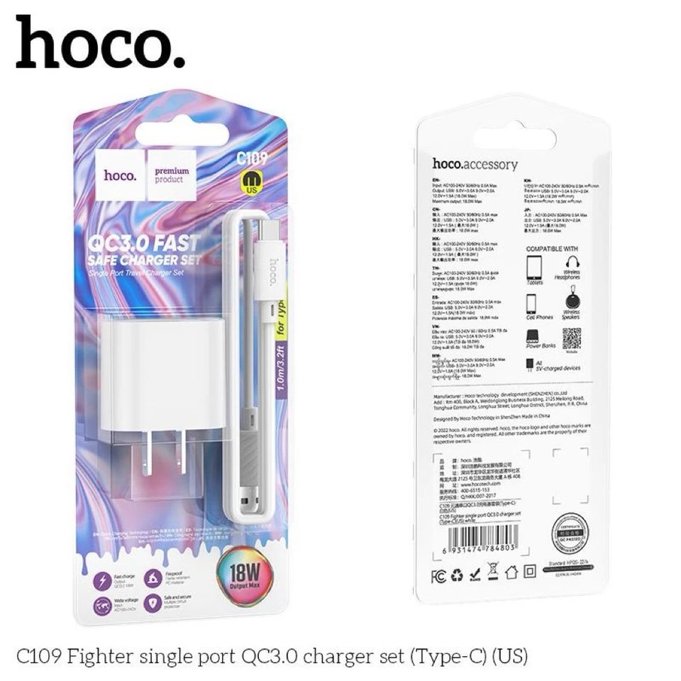 Bộ Sạc Nhanh 18W Chống Cháy HOCO C109 Fighter - Sạc QC3.0, Type-C, Dễ Dàng Mang Theo, Phụ Kiện Thông Minh Cho Điện Thoại Và Thiết Bị Điện Tử
