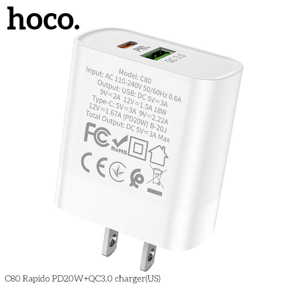 Cốc sạc nhanh Hoco C80 QC3.0, PD20W - 2 cổng USB và Type-C, sạc đồng thời điện thoại iOS và Android, thiết kế nhỏ gọn, tiện lợi