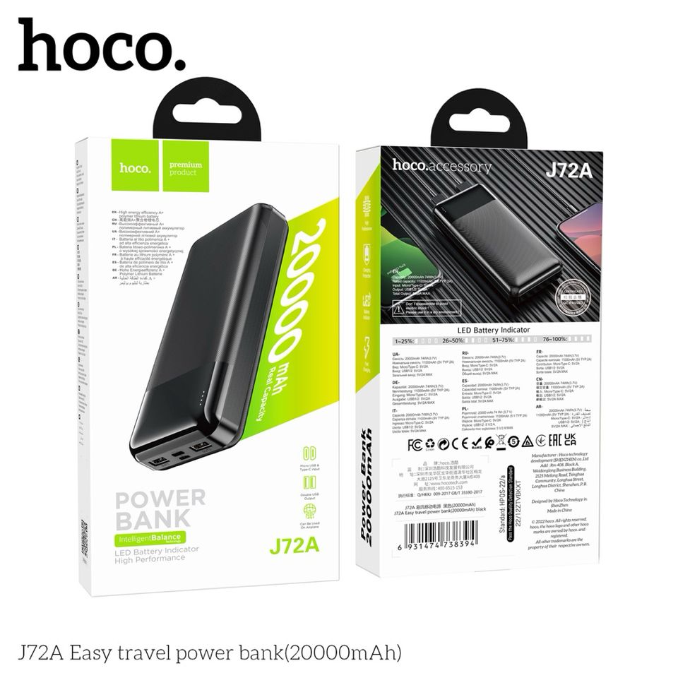 Pin Sạc Dự Phòng Hoco J72A 20000mAh - Sạc Nhanh Micro-USB/Type-C, Đầu Ra USB 2A Kép, Đèn Báo LED, Tiện Lợi Cho Smartphone và Tablet