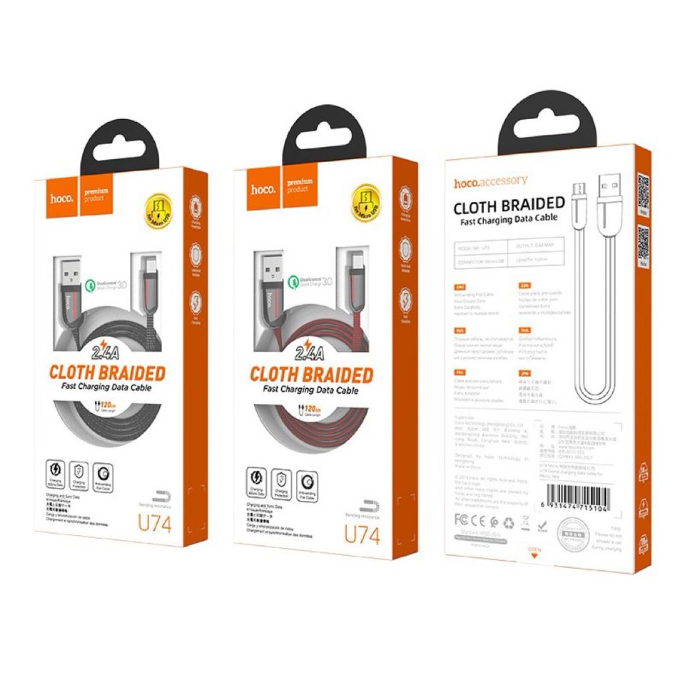 Cáp Sạc Nhanh Micro Hoco U74 - Chống Đứt, Dài 1.2m, Sạc QC3.0 và Truyền Dữ Liệu Ổn Định, Phụ Kiện Số Thời Thượng