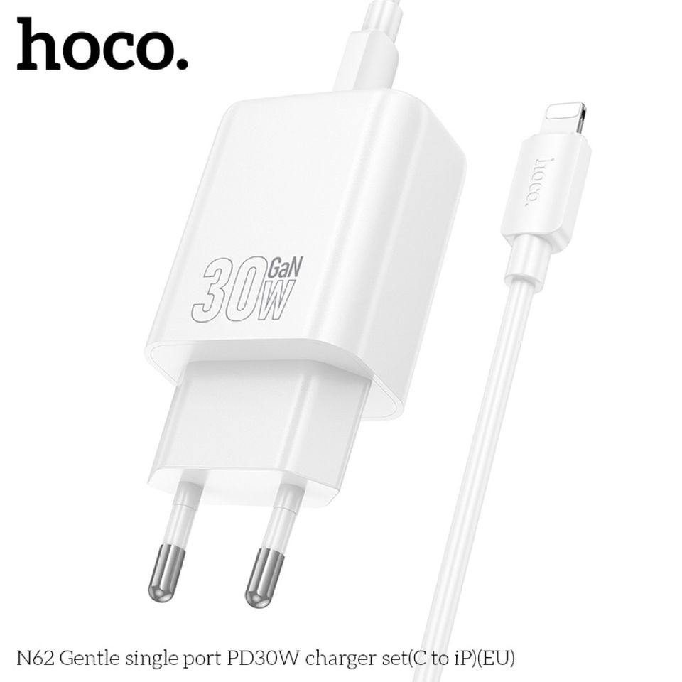 Bộ Sạc Nhanh PD30W Chống Cháy Kèm Dây C to lP Hoco N62 Gentle – Sạc Nhanh An Toàn Cho iPhone & iPad, Bảo Hành 12 Tháng