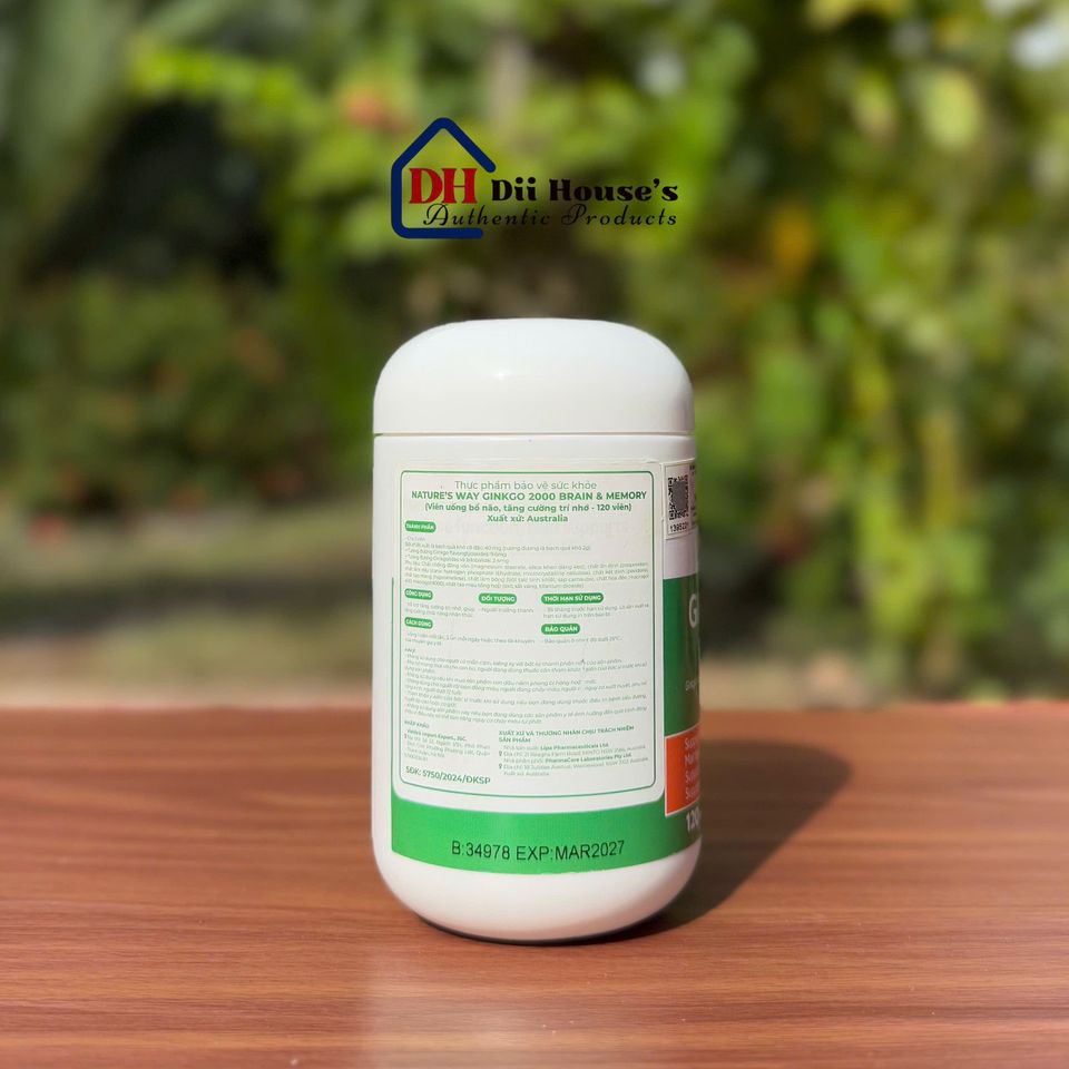 Viên uống bổ não Nature's Way Ginkgo 2000 - Tăng cường trí nhớ và chức năng nhận thức, 120 viên - Thực phẩm bảo vệ sức khỏe