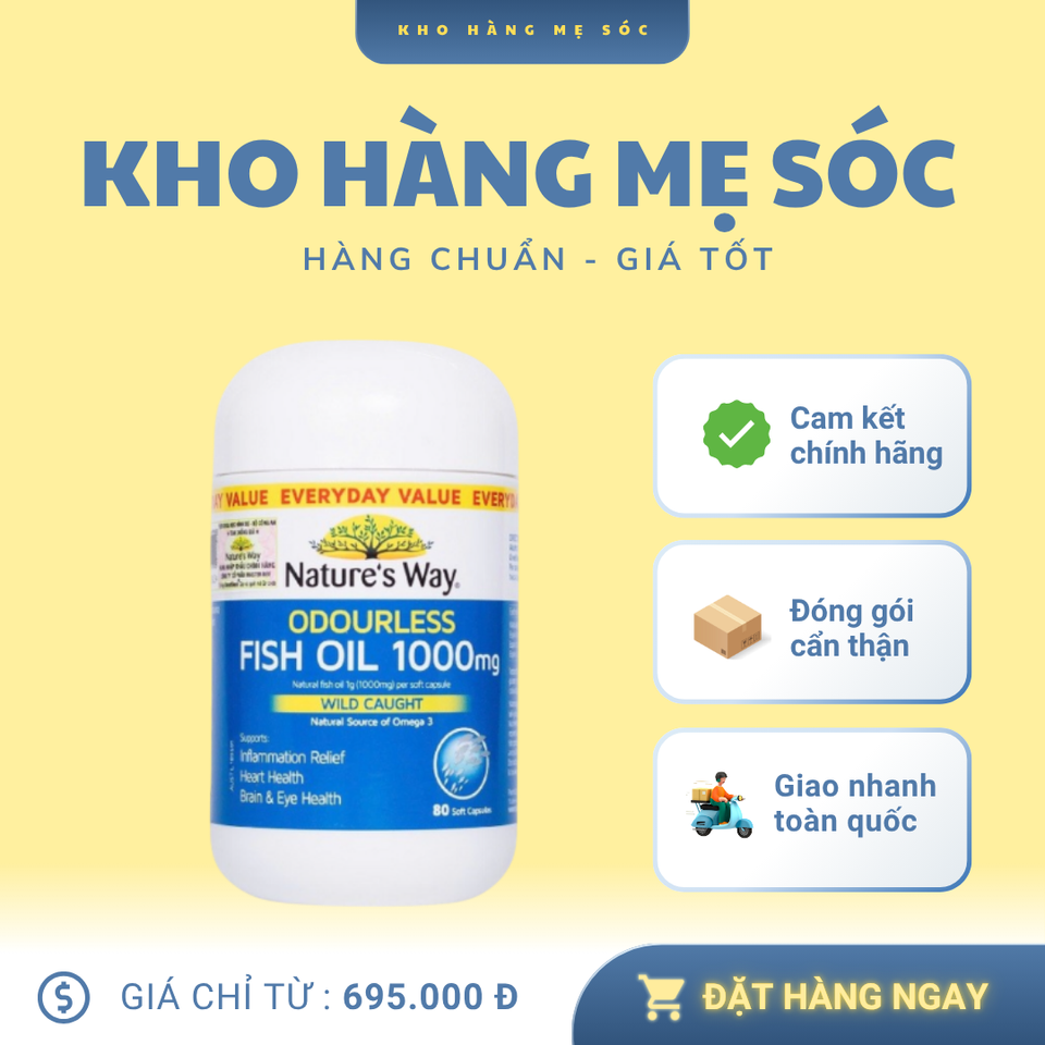 Dầu Cá Không Mùi Nature's Way 1000mg - Hỗ Trợ Omega-3 EPA & DHA Cho Tim Mạch, Não Bộ, Thị Giác - Hộp 80 Viên Dễ Uống