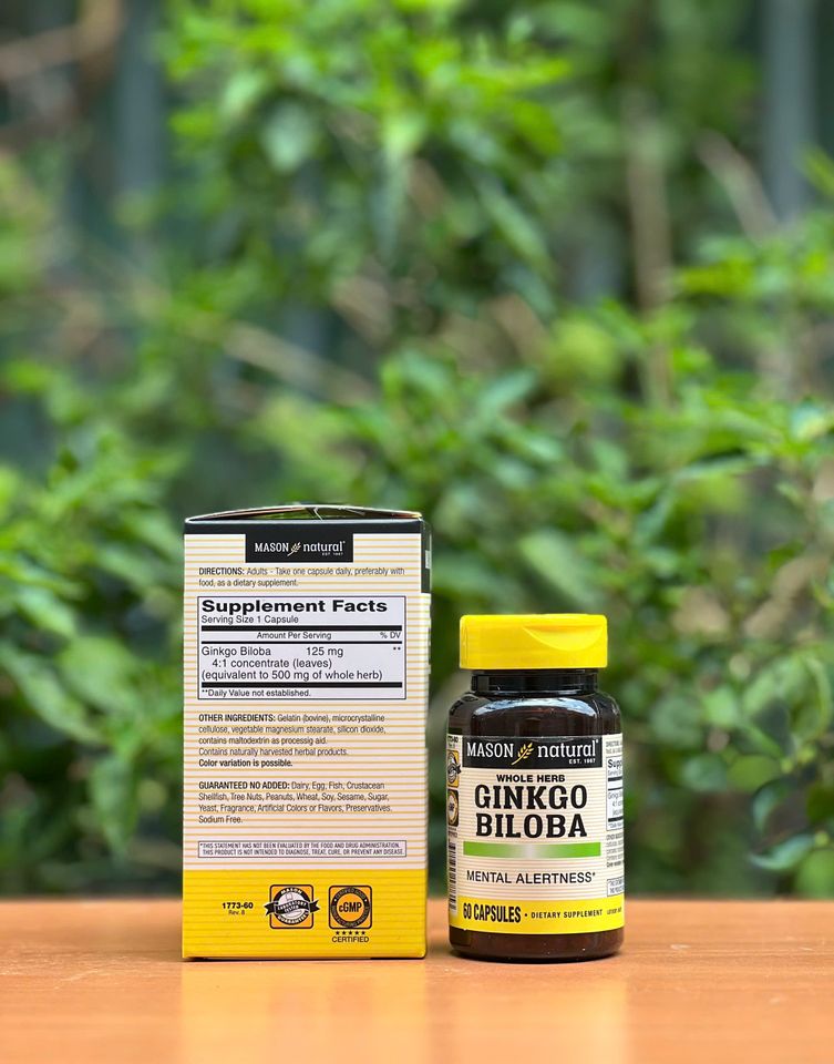 Viên uống bổ não Ginkgo Biloba Mason Natural 60 viên - Hỗ trợ trí nhớ, tập trung và tuần hoàn máu, sản xuất tại Mỹ