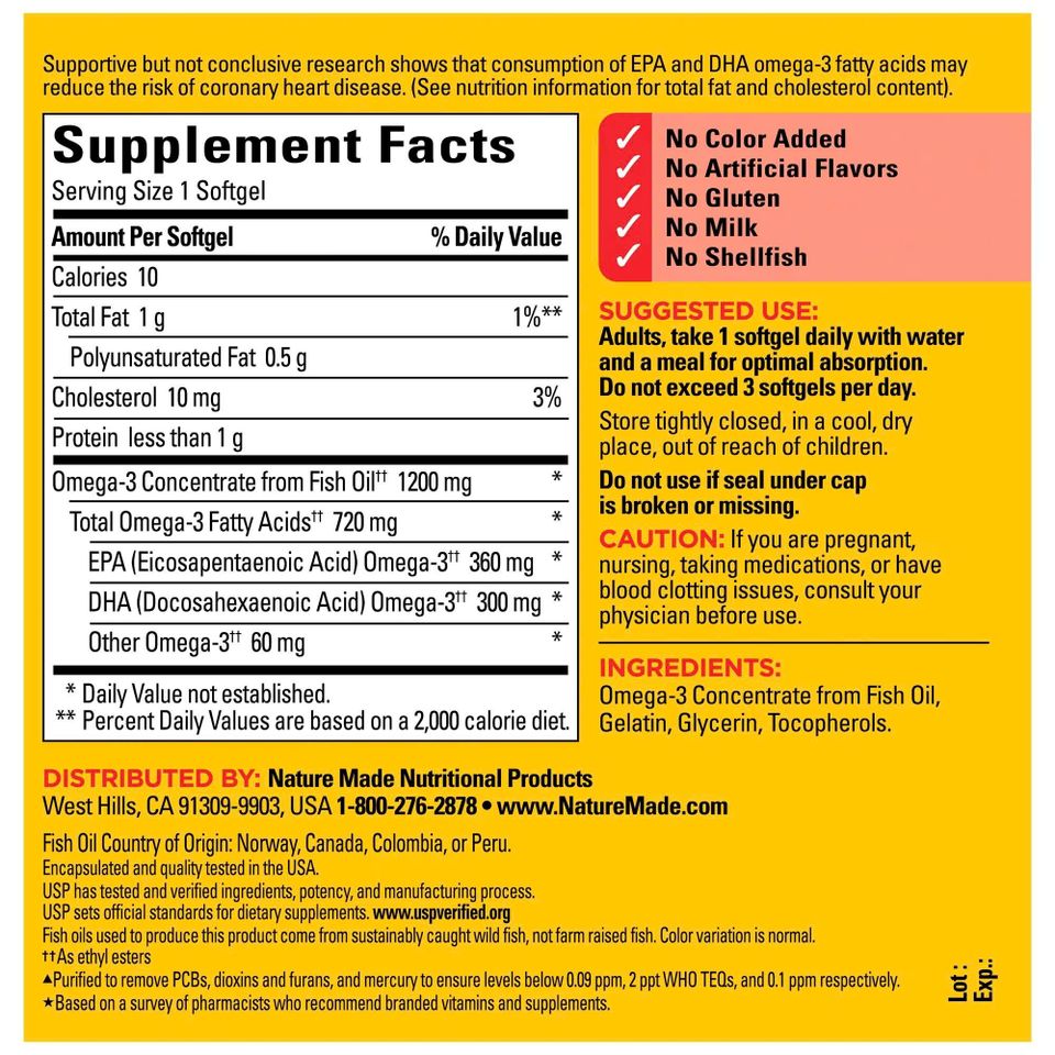 Dầu Cá Nature Made Fish Oil Omega 3 1200mg - Hộp 300 Viên Hỗ Trợ Tim Mạch và Não Bộ, Sản Phẩm Chất Lượng Từ Mỹ