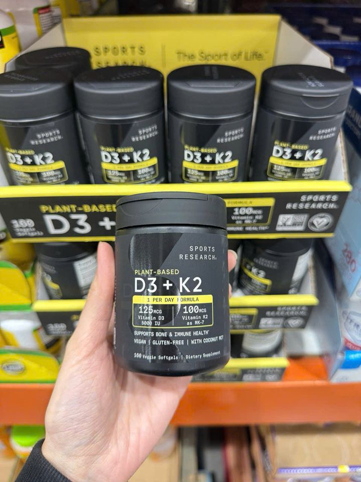 Viên Uống Bổ Sung Vitamin D3 + K2 Sport Research 125mg D3 + 100mg K2 - Hỗ Trợ Sức Khỏe Xương Khớp, Tăng Cường Miễn Dịch 160 Viên Mỹ