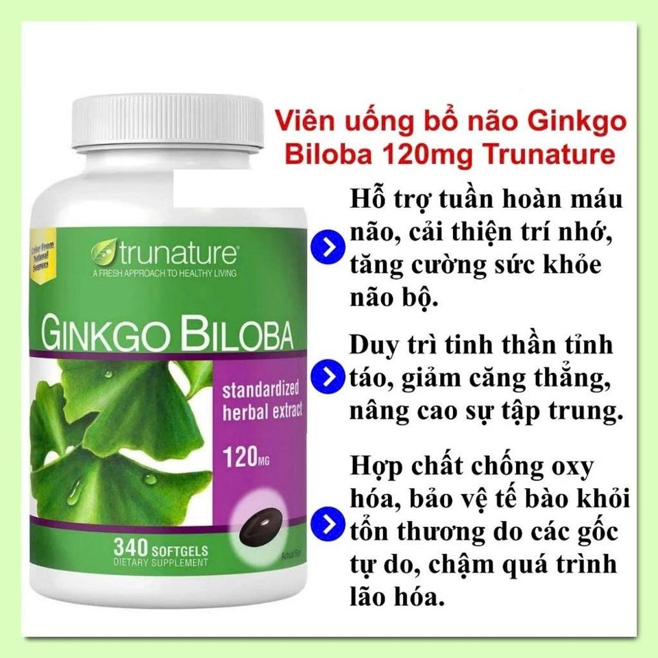 (Fullbox) Viên uống bổ não Ginkgo Biloba 120mg Trunature - bổ sung trí nhớ, giúp tâm trạng và sức khỏe não bộ cho mọi lứa tuổi