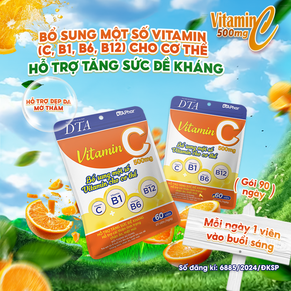 Viên uống Vitamin C DTA - Bổ sung Vitamin C, B1, B6, B12 - Hỗ trợ đề kháng, giảm mệt mỏi, làm đẹp da - Gói 60 ngày và 120 ngày