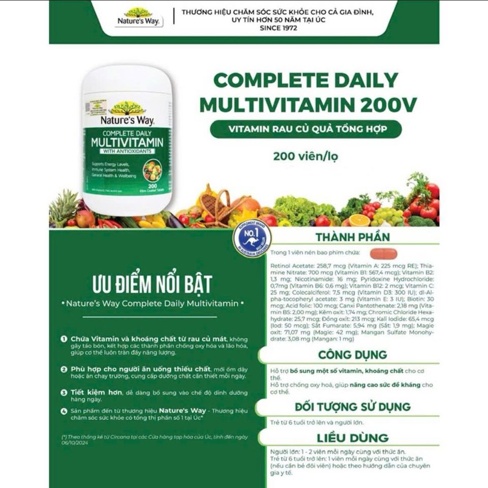 Viên Uống Vitamin Tổng Hợp Nature’s Way Complete Daily Multivitamin Úc - 200 Viên Hỗ Trợ Sức Khỏe Chống Oxy Hóa, Tăng Cường Đề Kháng
