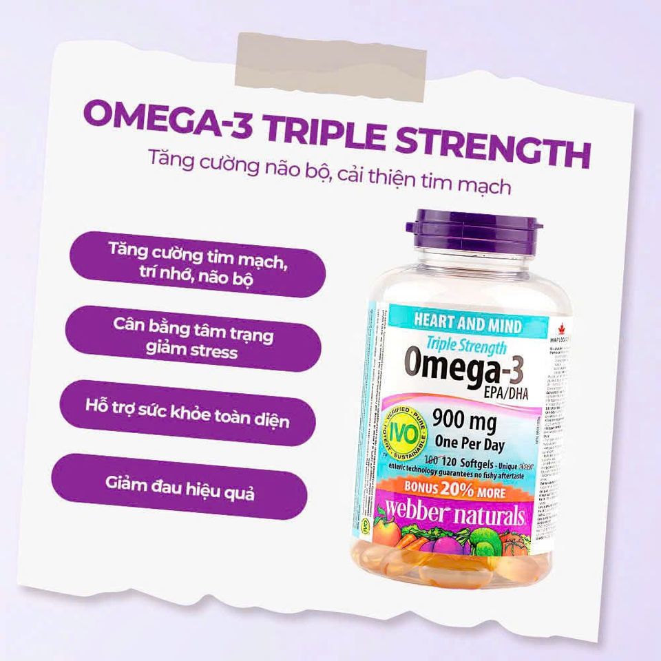 Viên uống Omega3 Webber Naturals 120 viên - Dầu cá bổ sung Omega-3 giúp cải thiện sức khỏe tim mạch và trí não