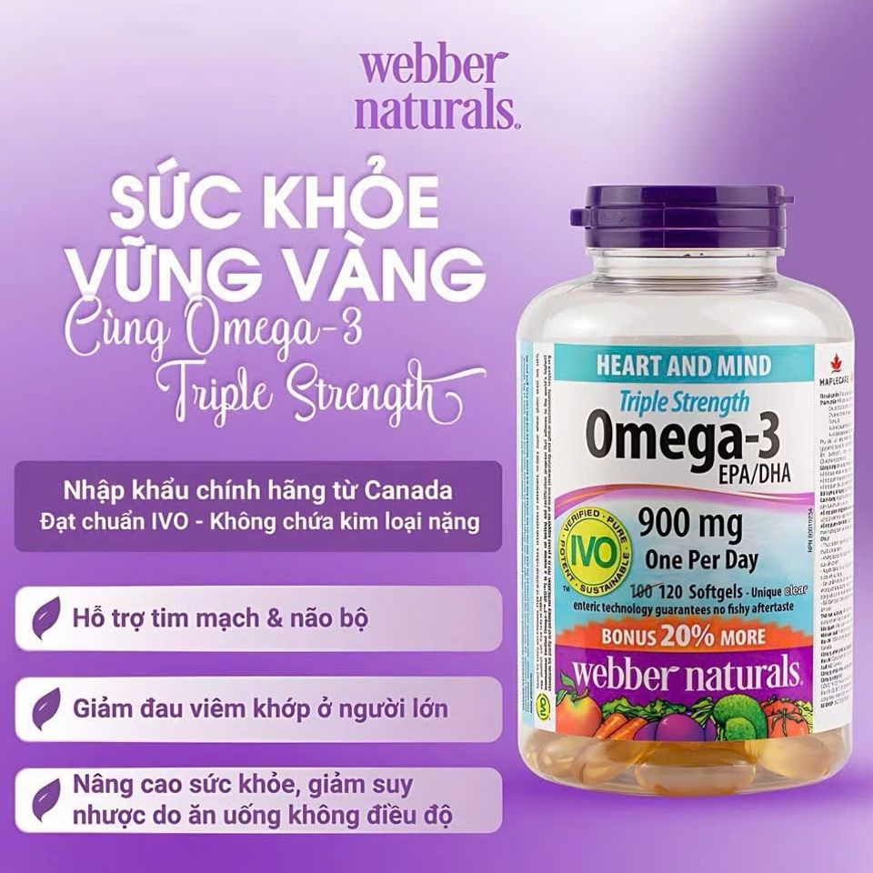 Viên uống Omega3 Webber Naturals 120 viên - Dầu cá bổ sung Omega-3 giúp cải thiện sức khỏe tim mạch và trí não