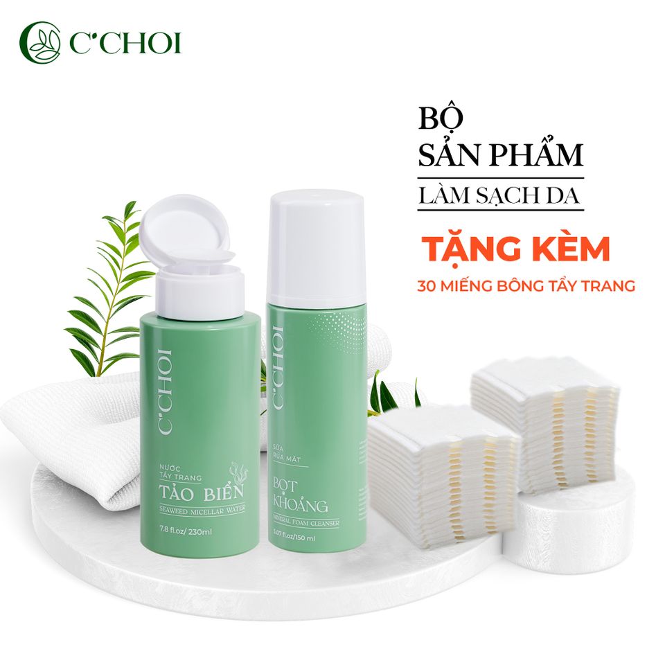 Sữa Rửa Mặt Bọt Khoáng & Nước Tẩy Trang Tảo Biển C'CHOI 150ml - Làm Sạch Da Hiệu Quả, Dịu Nhẹ và Cấp Ẩm Tự Nhiên