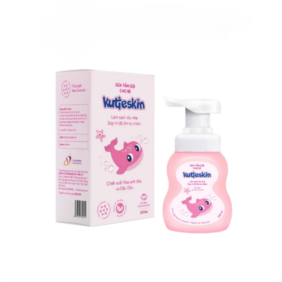 Sữa Tắm Gội Kutieskin 200ml Đặc Biệt Cho Trẻ Em - Ngừa Rôm Sảy, Dị Ứng, Dưỡng Ẩm, Hương Hoa Anh Đào & Dầu Oliu