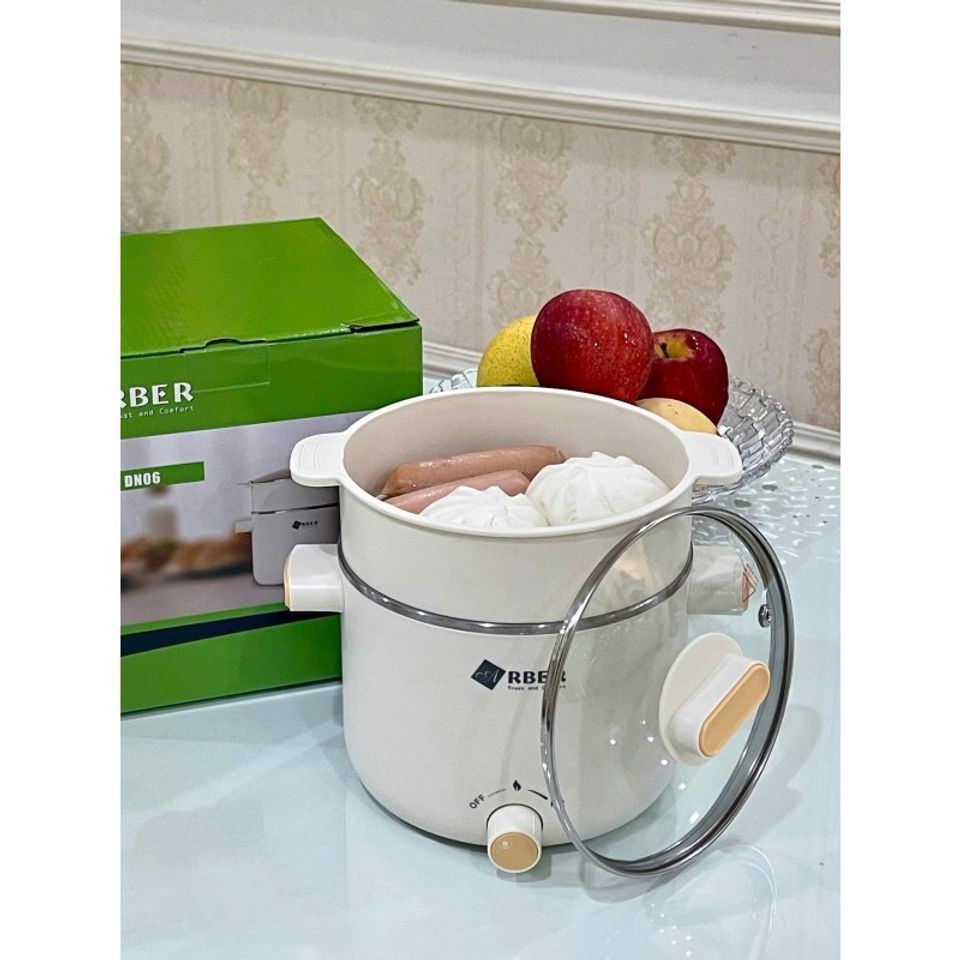 Nồi lẩu mini Arber DN06 1.5L - Nồi lẩu điện đa năng chất liệu inox 304, hấp, chiên, kho, xào - Phụ kiện xưng hấp kèm theo