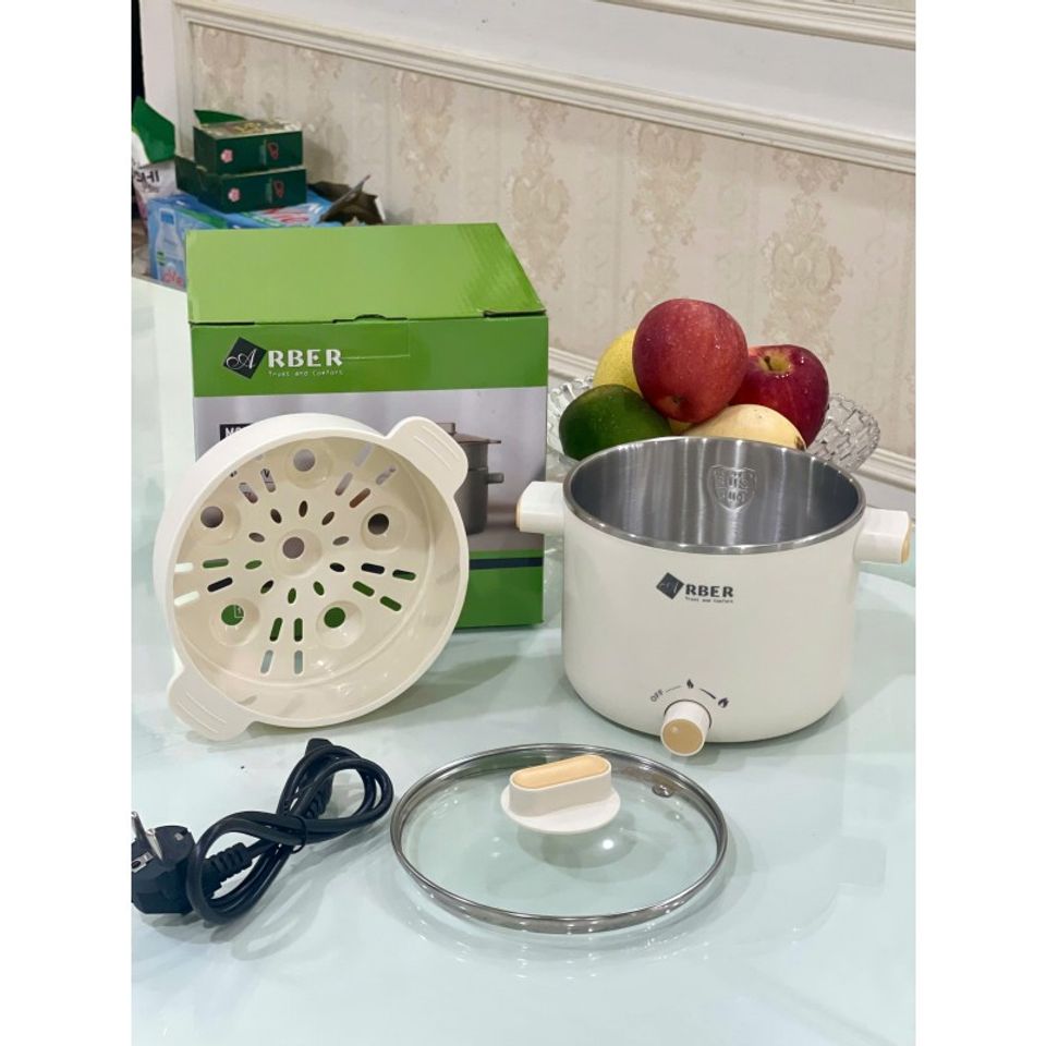 Nồi lẩu mini Arber DN06 1.5L - Nồi lẩu điện đa năng chất liệu inox 304, hấp, chiên, kho, xào - Phụ kiện xưng hấp kèm theo