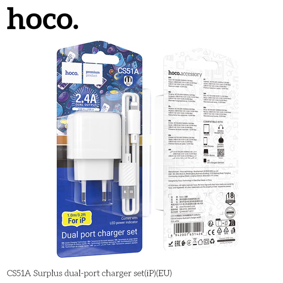Bộ Sạc Nhanh HOCO CS51A Lightning cho iPhone - An Toàn, Tiện Lợi, Chất Liệu Bền Bỉ, Hỗ Trợ Tối Đa Thiết Bị