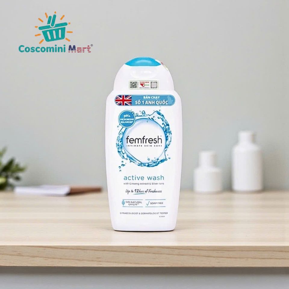 Dung dịch vệ sinh phụ nữ Femfresh Active Wash 250ml - Chuyên biệt cho hoạt động nhiều, tươi mát khỏe mạnh, nhập khẩu Anh