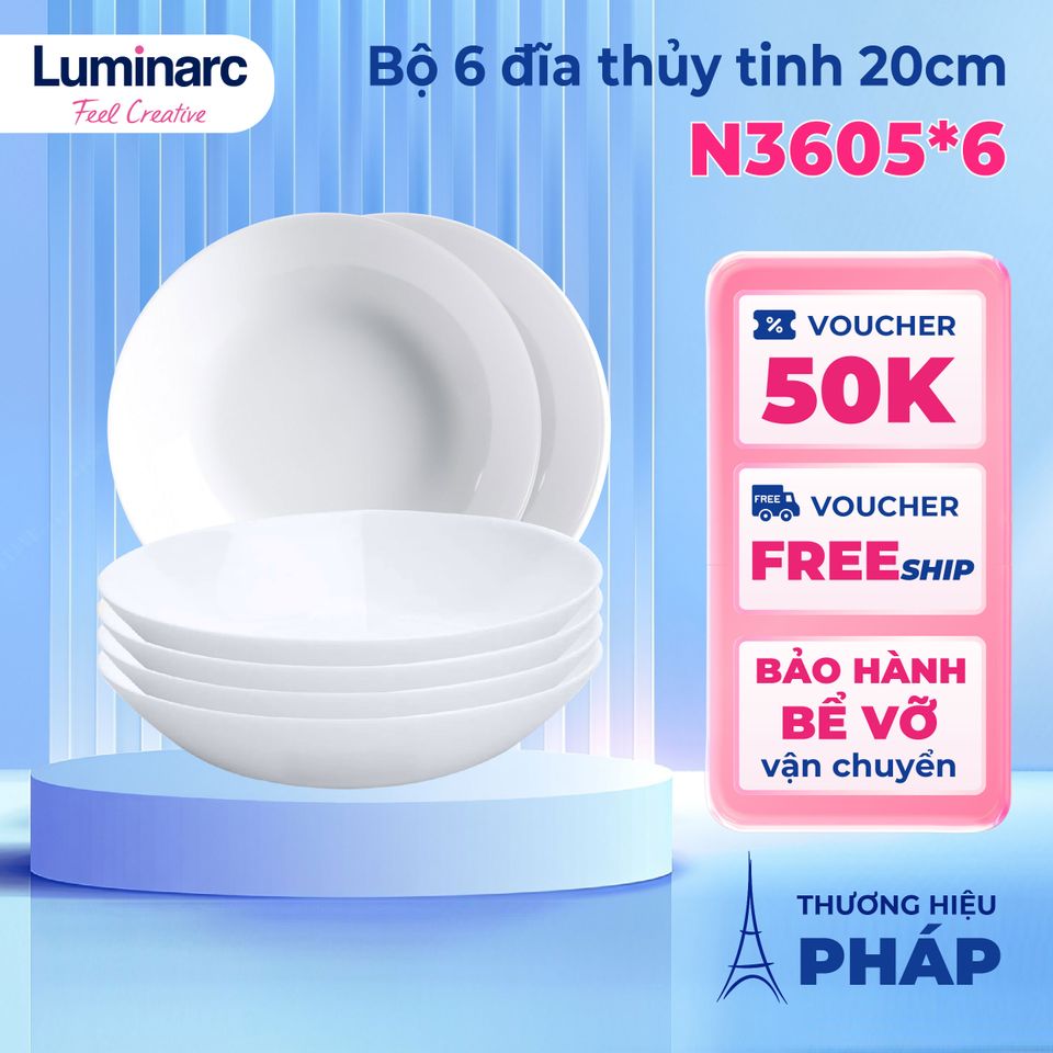 Bộ 6 Đĩa Thủy Tinh Cường Lực Luminarc N3605 20cm - Bát Đĩa Sang Trọng An Toàn Lò Vi Sóng, Máy Rửa Bát