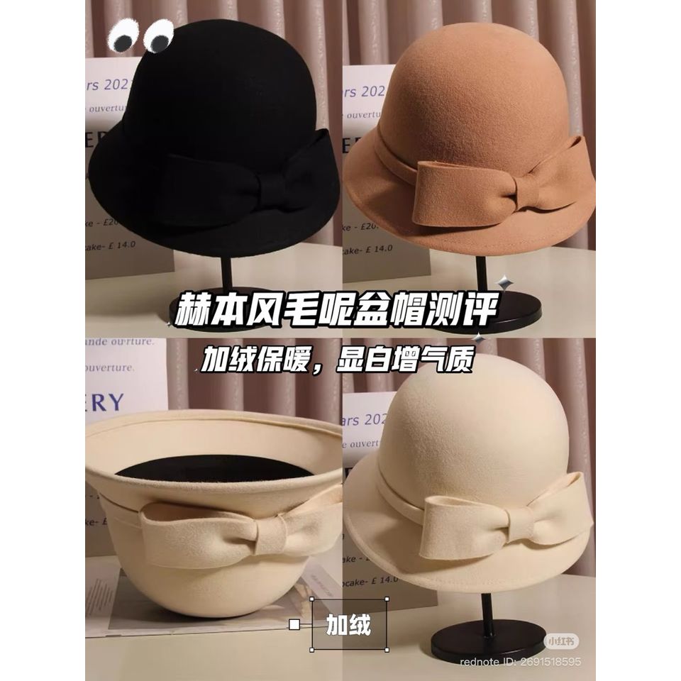 Mũ Bucket Dạ Ép Đính Nơ To - Mũ Thời Trang Nữ Thanh Lịch Cho Mùa Thu Đông, Giúp Gương Mặt Thon Gọn