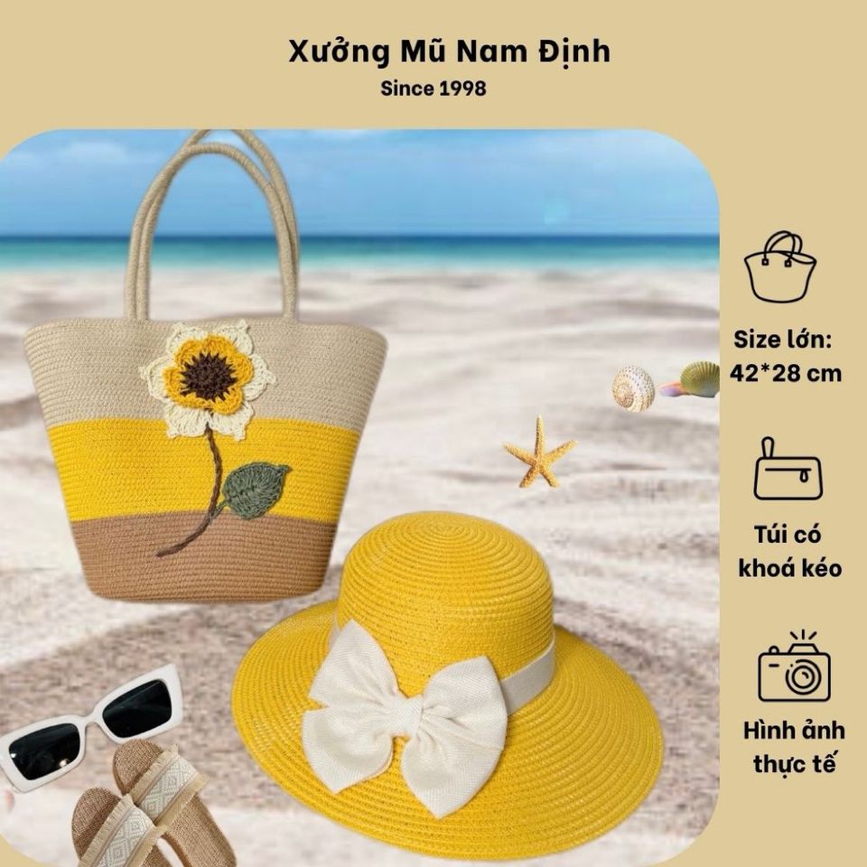 Set Túi Cói Nón Cói phong cách vintage Đi Biển Rực Rỡ Có Khóa Kéo - Túi Nữ Đeo Vai Thời Trang, Tiện Dụng Cho Picnic và Du Lịch