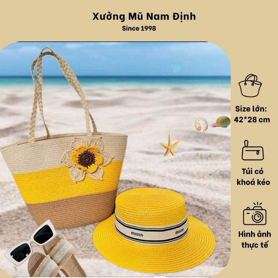 Set Túi Cói Nón Cói phong cách vintage Đi Biển Rực Rỡ Có Khóa Kéo - Túi Nữ Đeo Vai Thời Trang, Tiện Dụng Cho Picnic và Du Lịch