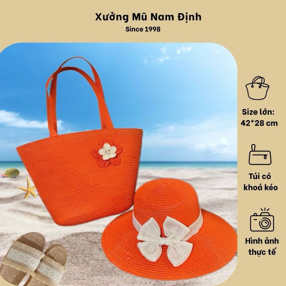 Bộ Túi Cói và Nón Vành Rộng Màu Cam Handmade, Phong Cách Boho - Hoàn Hảo Cho Đi Biển và Đi Làm