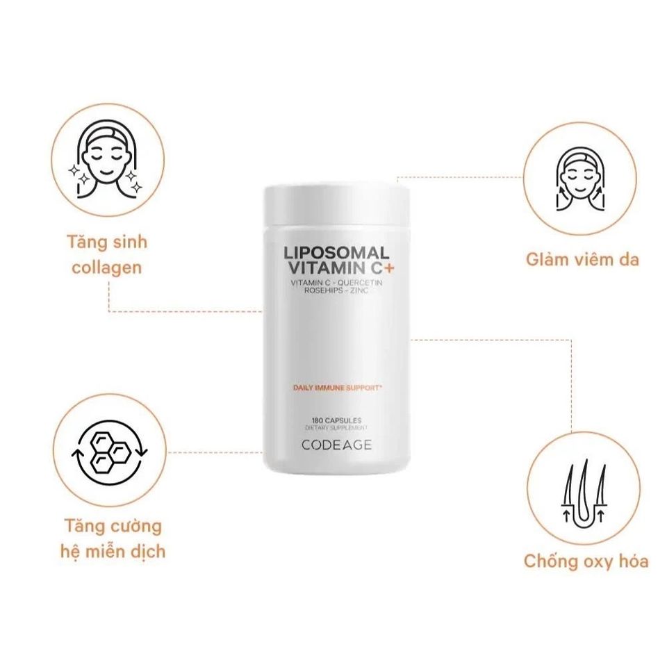 Viên Uống Sáng Da Codeage Liposomal Vitamin C - 500mg Vitamin C Chống Oxy Hóa - Hộp 180 Viên Tăng Cường Collagen, Dưỡng Da Sáng Mịn