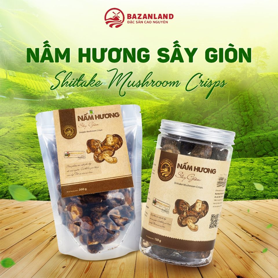 Nấm Hương Sấy Giòn Bazanland - Đặc Sản Cao Nguyên Tươi Ngon, Bánh Snack Lành Mạnh 200g - Snack Chay Giòn Tan Từ Thiên Nhiên