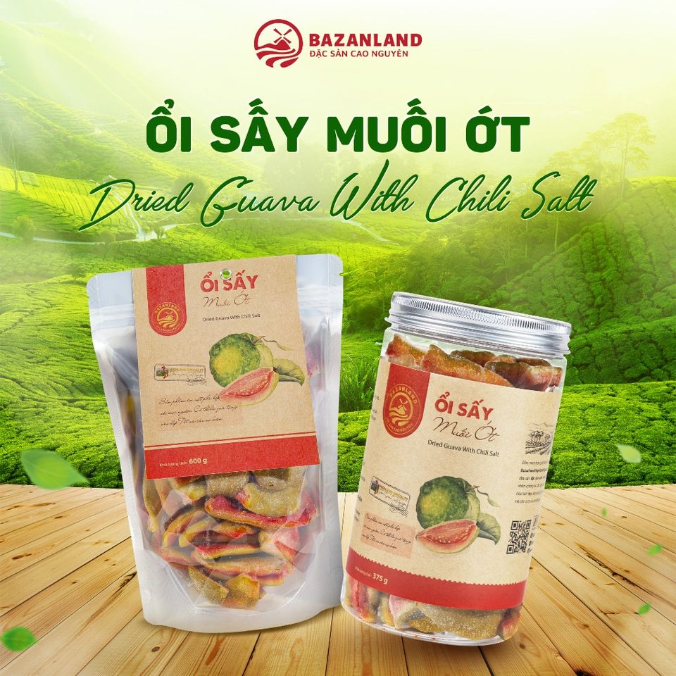 Ổi Sấy Muối Ớt Bazanland - Đặc Sản Cao Nguyên Giòn Ngọt, Vị Cay Đậm Đà Thơm Lừng, Túi Zip 600g / Lon Nhựa 375g