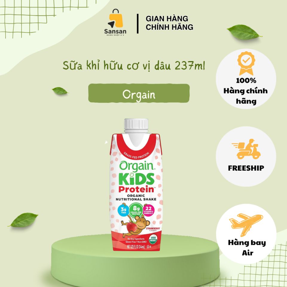 Sữa Hữu Cơ Orgain Kids Protein Dâu Tây 237ml x 18 Hộp - Giúp Trẻ Tăng Cao, Dinh Dưỡng Cho Bé Ăn Kém, Hàng Mỹ
