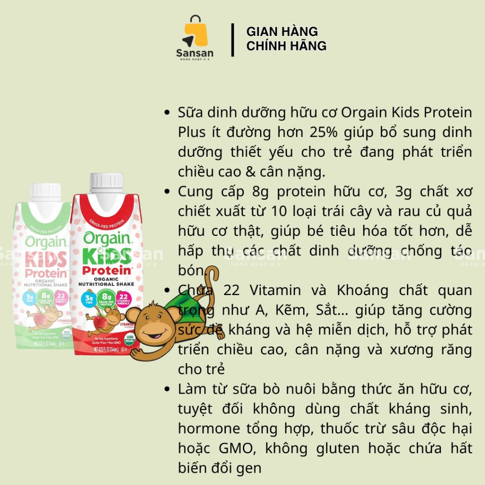 Sữa Hữu Cơ Orgain Kids Protein Dâu Tây 237ml x 18 Hộp - Giúp Trẻ Tăng Cao, Dinh Dưỡng Cho Bé Ăn Kém, Hàng Mỹ
