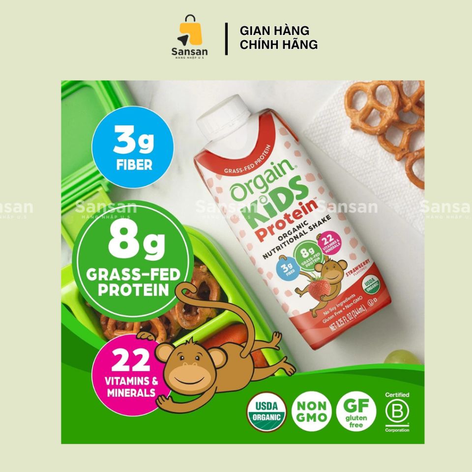 Sữa Hữu Cơ Orgain Kids Protein Dâu Tây 237ml x 18 Hộp - Giúp Trẻ Tăng Cao, Dinh Dưỡng Cho Bé Ăn Kém, Hàng Mỹ