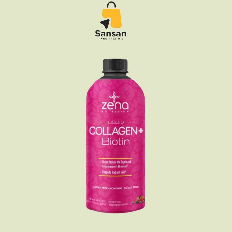 Collagen Dạng Nước Zena Nutrition 900ml + Biotin - Hỗ Trợ Làm Đẹp Da, Tóc Khỏe Mạnh Không Đường, Non-GMO