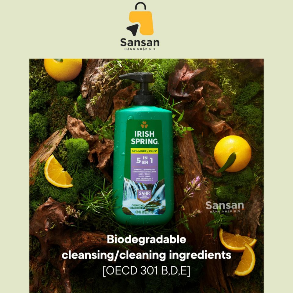 Sữa Tắm Gội Irish Spring 5 in 1 887ml - Gel Tắm Nam giúp Sạch Sẽ và Tươi Mát - Hương Cam Bergamot & Khuynh Diệp