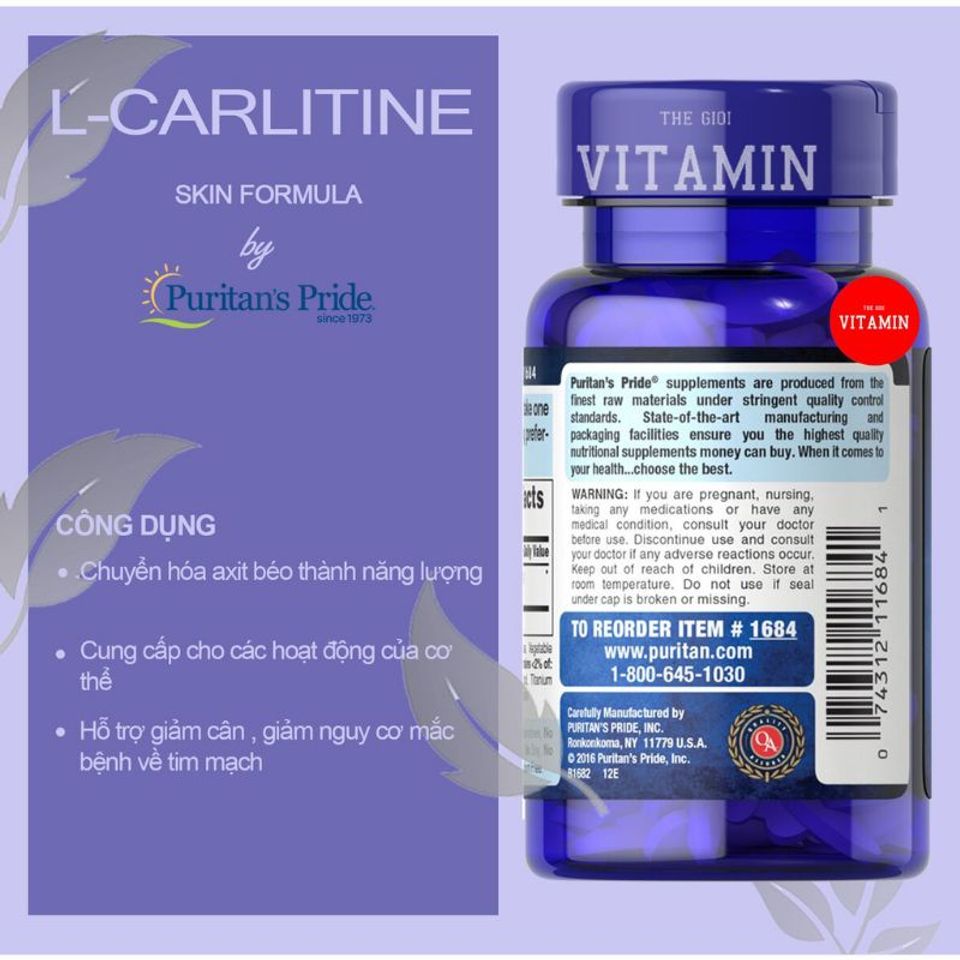 Viên Uống Giảm Cân L-Carnitine 500mg - Hỗ Trợ Giảm Mỡ, Năng Lượng Tối Ưu - 60 Viên Puritan's Pride