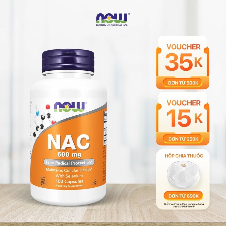 Viên uống NAC 600mg Now Foods - Thải độc, hỗ trợ gan, giảm viêm hô hấp, cải thiện sức khỏe sinh sản - 100 viên Mỹ