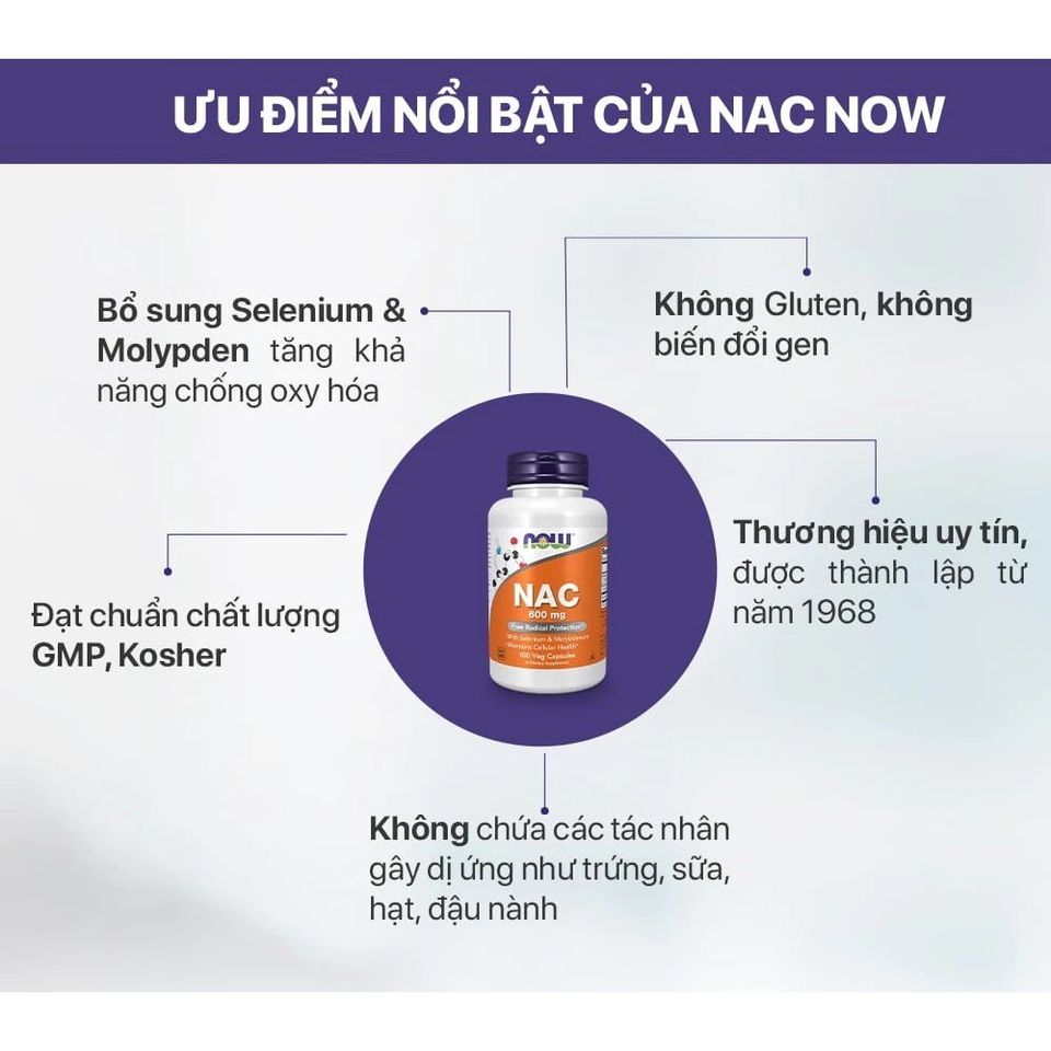 Viên uống NAC 600mg Now Foods - Thải độc, hỗ trợ gan, giảm viêm hô hấp, cải thiện sức khỏe sinh sản - 100 viên Mỹ