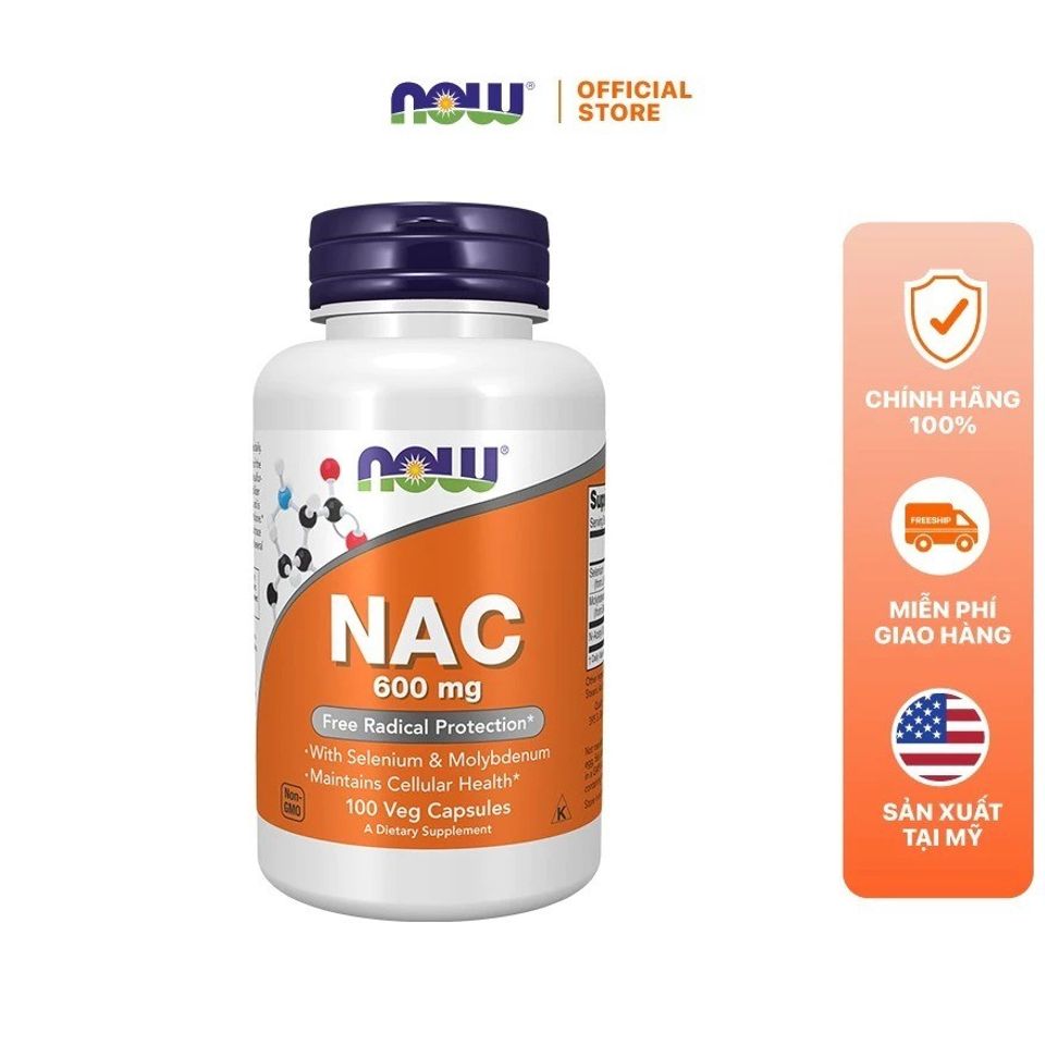 Viên uống NAC 600mg Now Foods - Thải độc, hỗ trợ gan, giảm viêm hô hấp, cải thiện sức khỏe sinh sản - 100 viên Mỹ