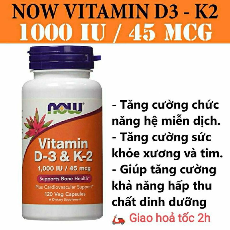 Viên Uống Vitamin D3 K2 NOW Foods 120v - Hỗ Trợ Hấp Thu Canxi, Tăng Cường Sức Khỏe Xương Khớp & Tim Mạch Thích Hợp Cho Người Lớn Tuổi
