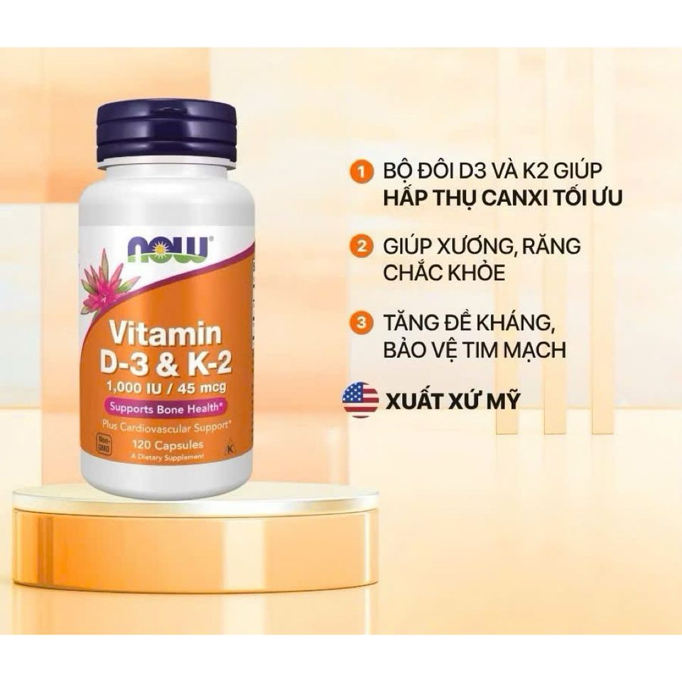 Viên Uống Vitamin D3 K2 NOW Foods 120v - Hỗ Trợ Hấp Thu Canxi, Tăng Cường Sức Khỏe Xương Khớp & Tim Mạch Thích Hợp Cho Người Lớn Tuổi