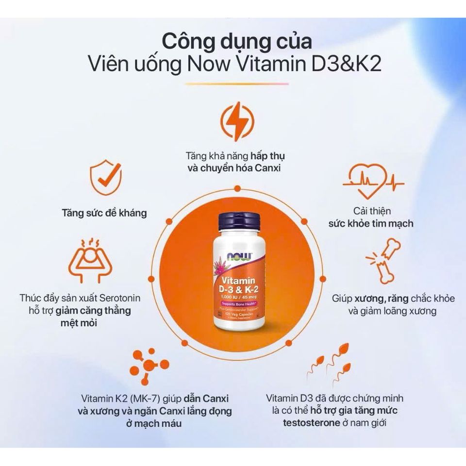 Viên Uống Vitamin D3 K2 NOW Foods 120v - Hỗ Trợ Hấp Thu Canxi, Tăng Cường Sức Khỏe Xương Khớp & Tim Mạch Thích Hợp Cho Người Lớn Tuổi