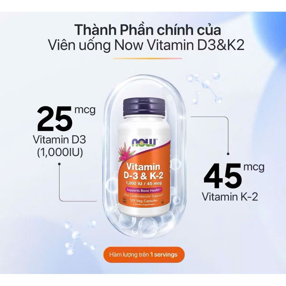Viên Uống Vitamin D3 K2 NOW Foods 120v - Hỗ Trợ Hấp Thu Canxi, Tăng Cường Sức Khỏe Xương Khớp & Tim Mạch Thích Hợp Cho Người Lớn Tuổi