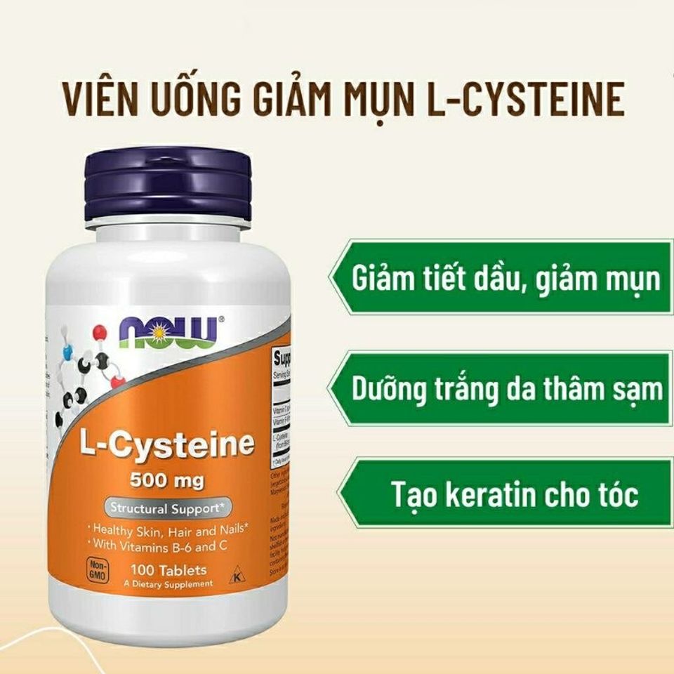 Viên uống L-Cysteine Now 500mg - Giảm mụn, dưỡng da, tóc và móng chắc khỏe - Hỗ trợ làm đẹp từ bên trong, 100 viên